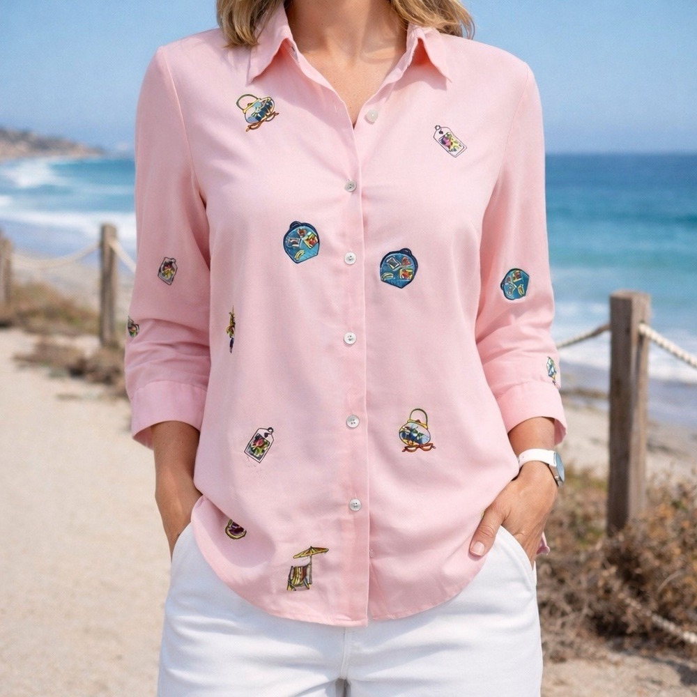 Richard Malcolm 100% Irish Linen Pink Embroidered Button Top Vacation Travel XS
